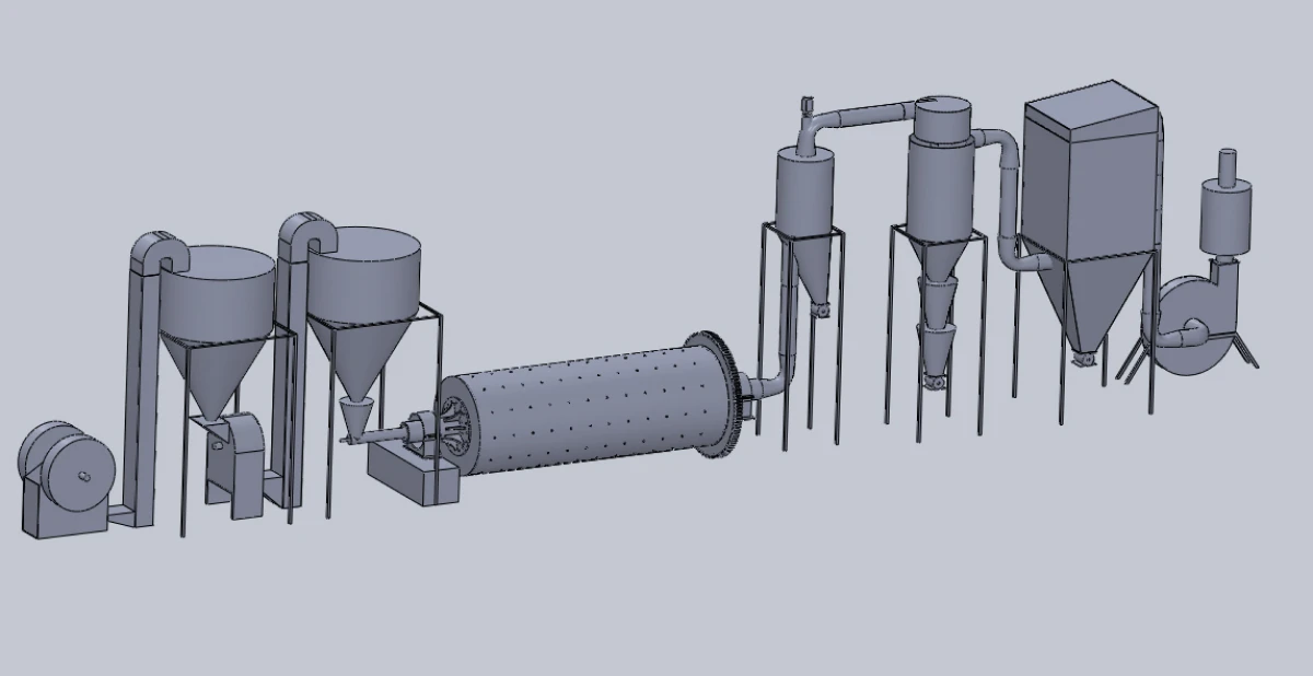 Three-dimensional CAD render of the complete micronizer plant assembly